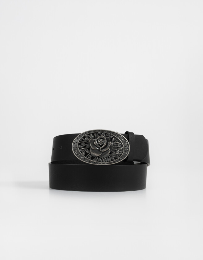 Cinturones y Fajas Boho Cinturón Con Hebilla De Flor - Negro