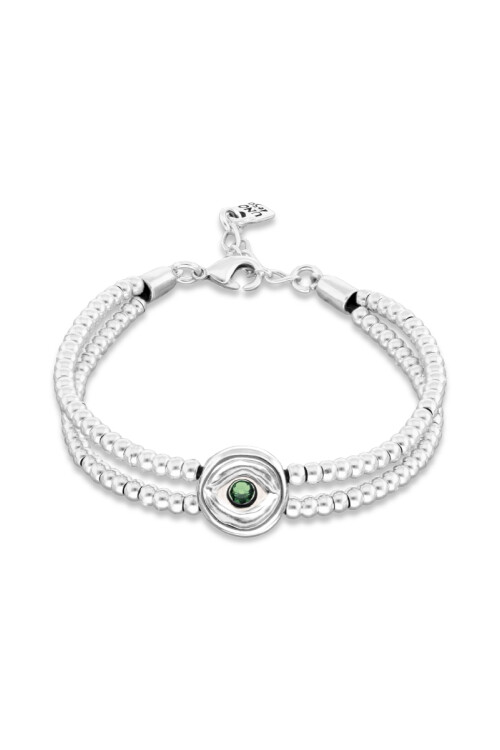 PULSERA DE BOLAS DOBLE DE ALEACIÓN DE METALES BAÑADA EN PLATA CON DETALLE DE OJO Y CRISTAL EN VERDE Pulsera