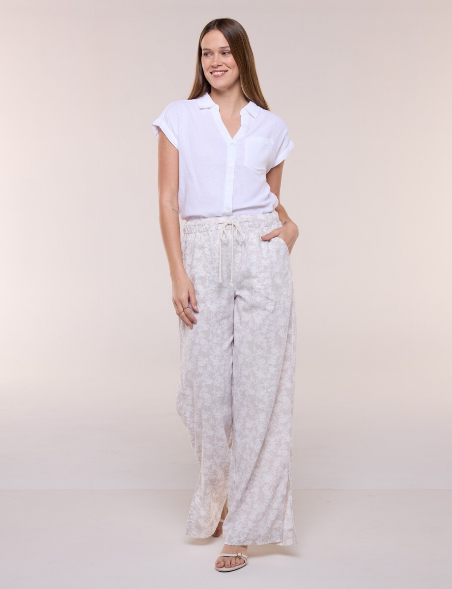 Pantalón De Lino Wide Leg - Beige/multi 