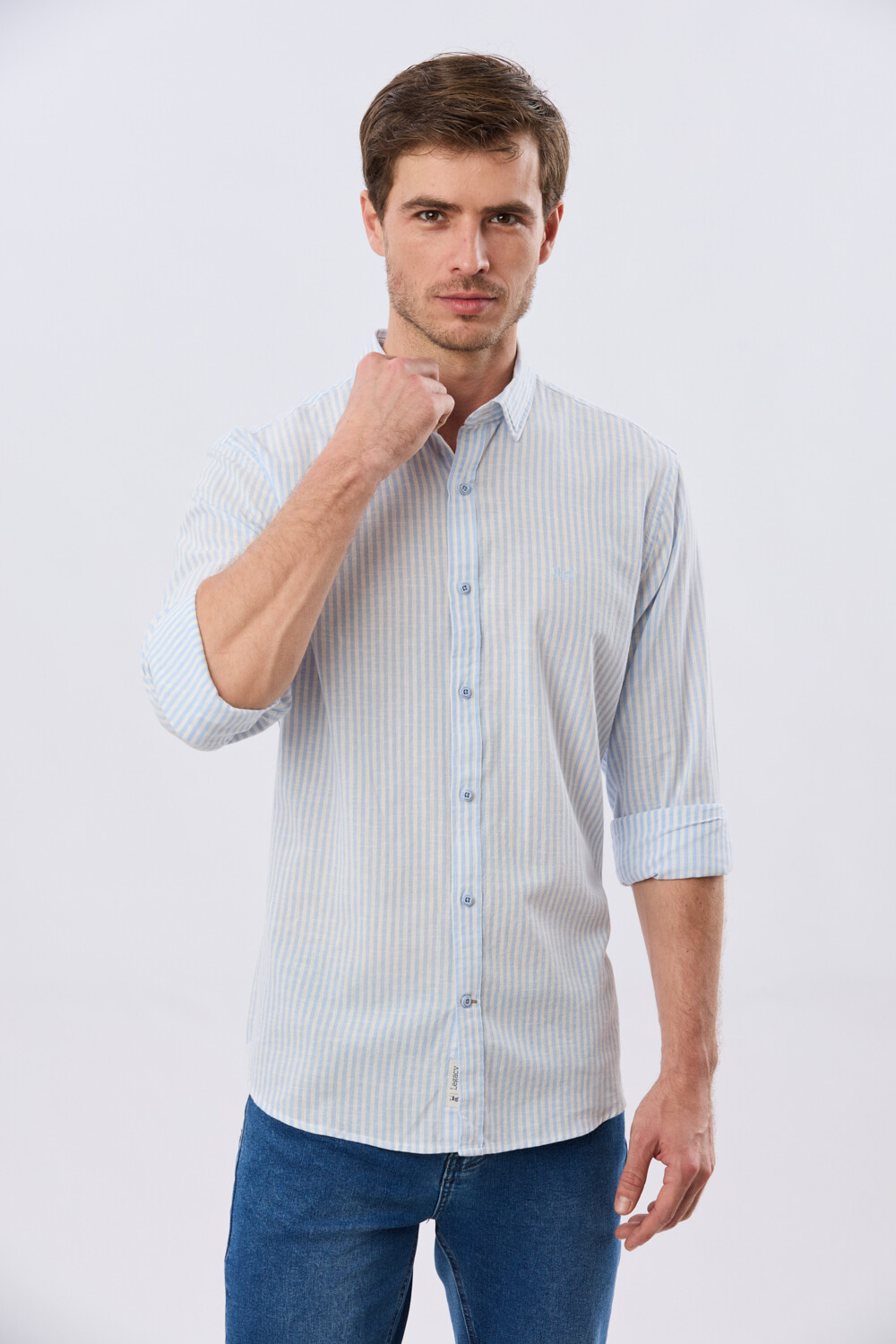 CAMISA RAYADA DE LINO Celeste