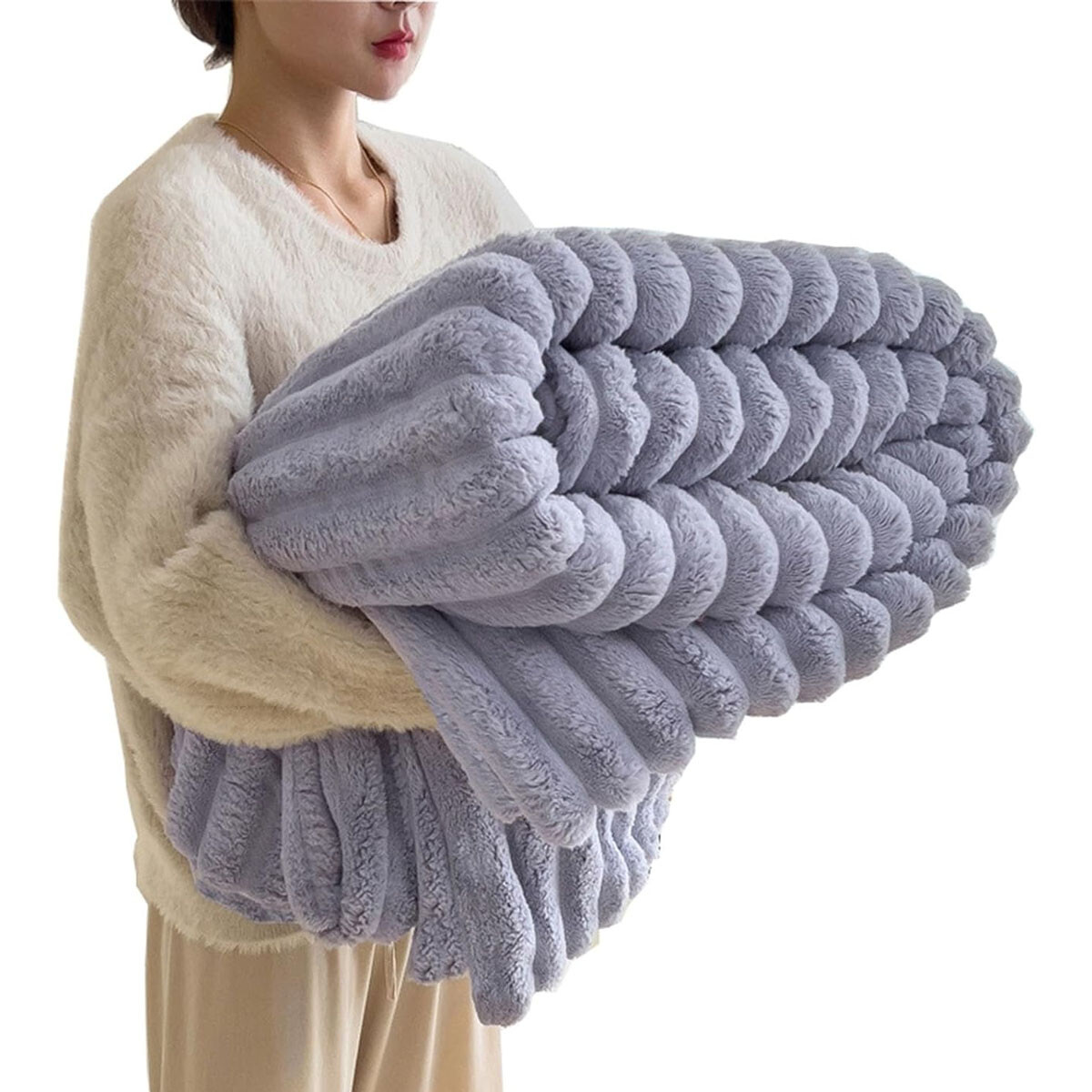 Manta Frazada Polar 2 Plazas Acanalada Suave para Cama Sofá - Lila 
