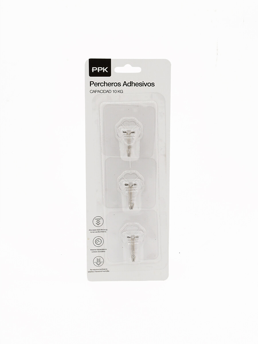 PERCHEROS ADHESIVOS PARED SET X 3 - TRANSPARENTE 