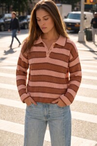 Sweater Polo Rayado Rosa Viejo