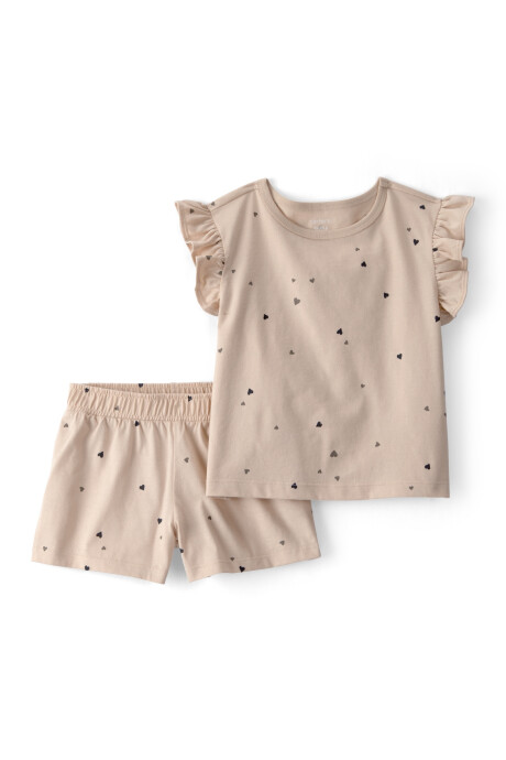 Set dos piezas de algodón, short y remera, beige, diseño corazones Sin color