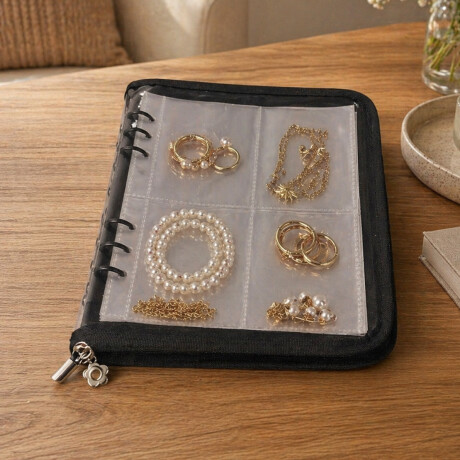 Estuche organizador de joyas estilo libro con compartimentos Negro