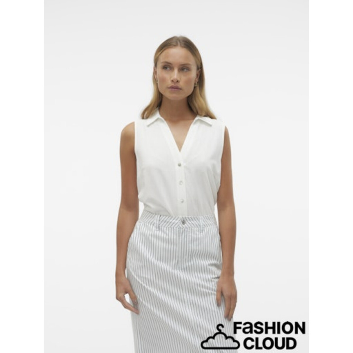 VMMYMILO SL V-NECK SHIRT WVN GA - SNOW WHITE 