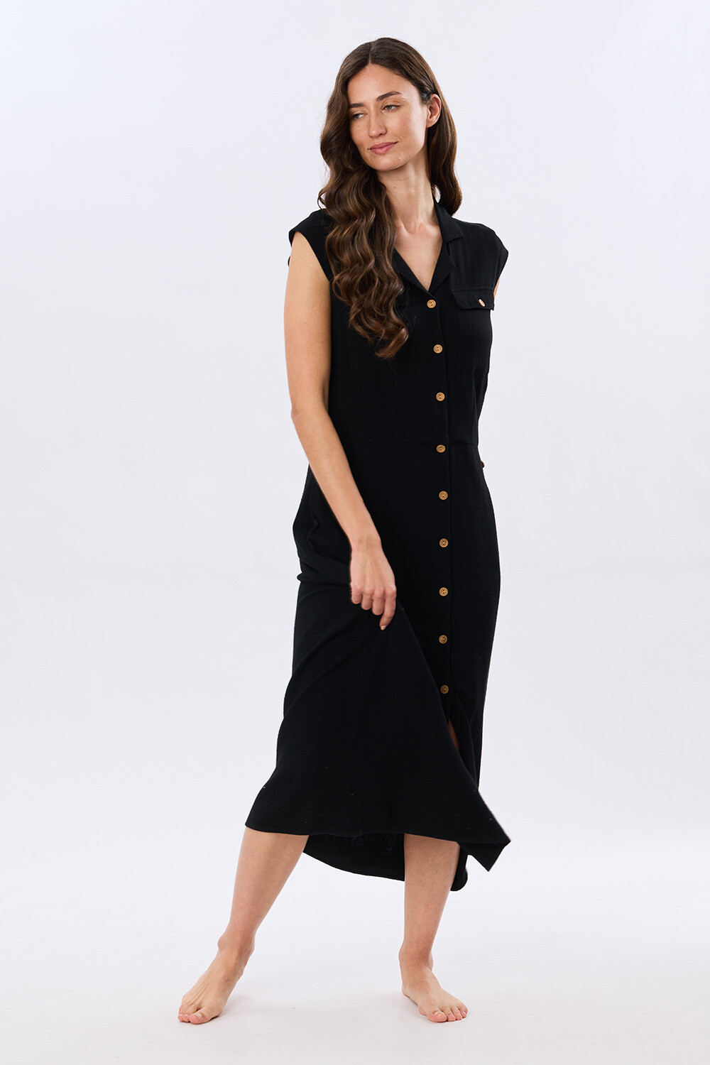VESTIDO LISO DE LINO Negro