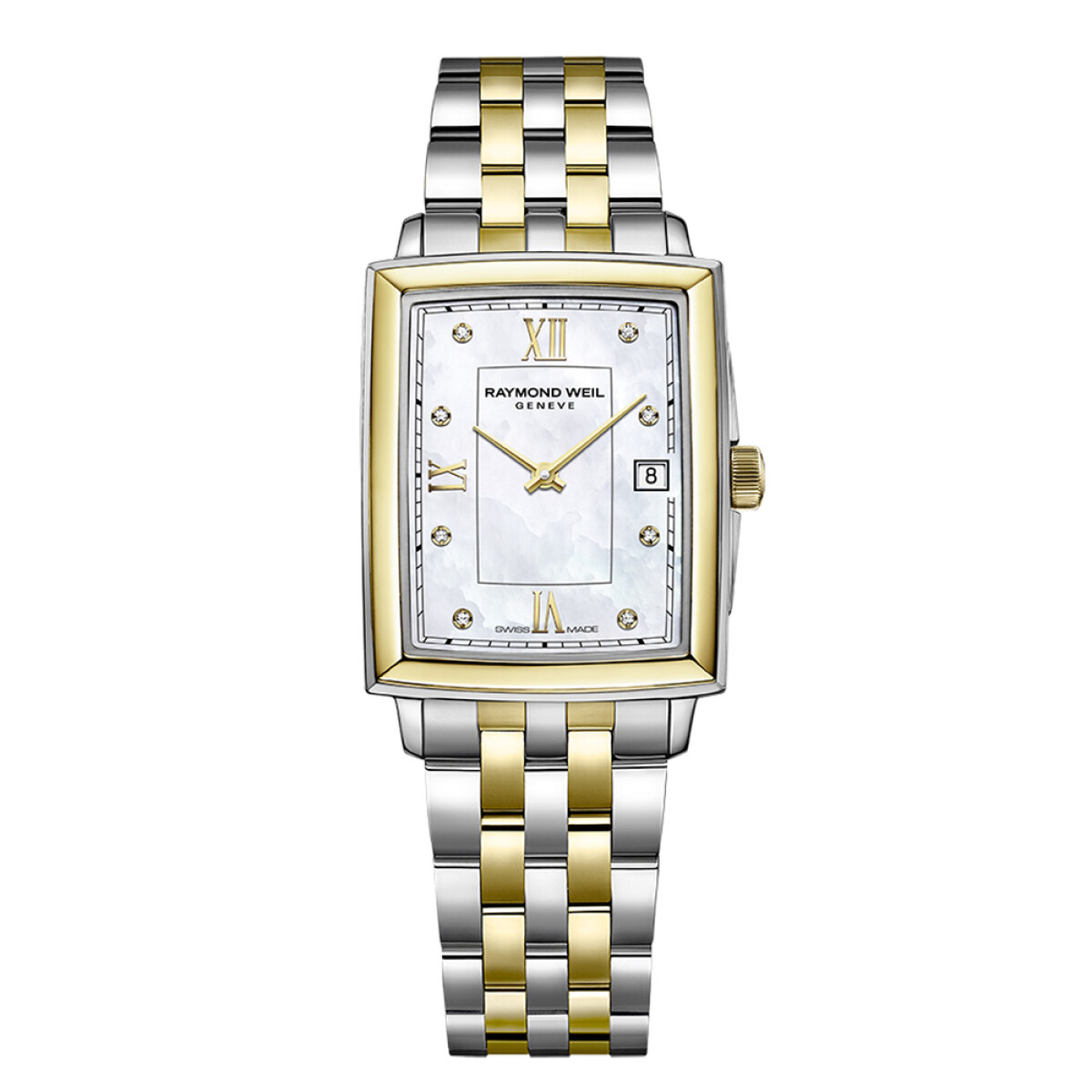Reloj Raymond Weil Toccata Lady rectangular combinado con esfera de madre perla y diamantes . 