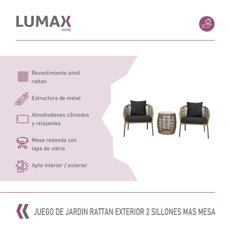 Juego De Jardin Rattan Lumax Exterior 2 Sillones + Mesa Gris