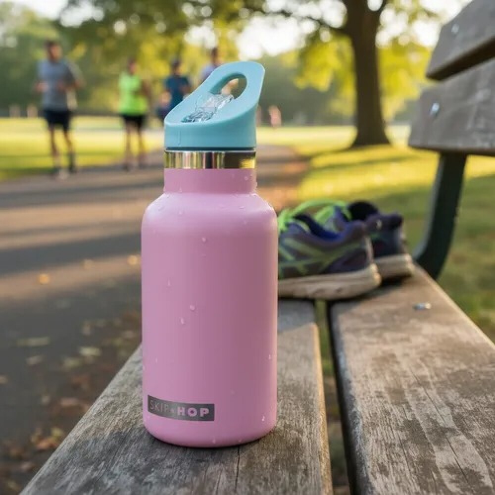 Botella acero inoxidable con sorbito y stickers skip hop rosado