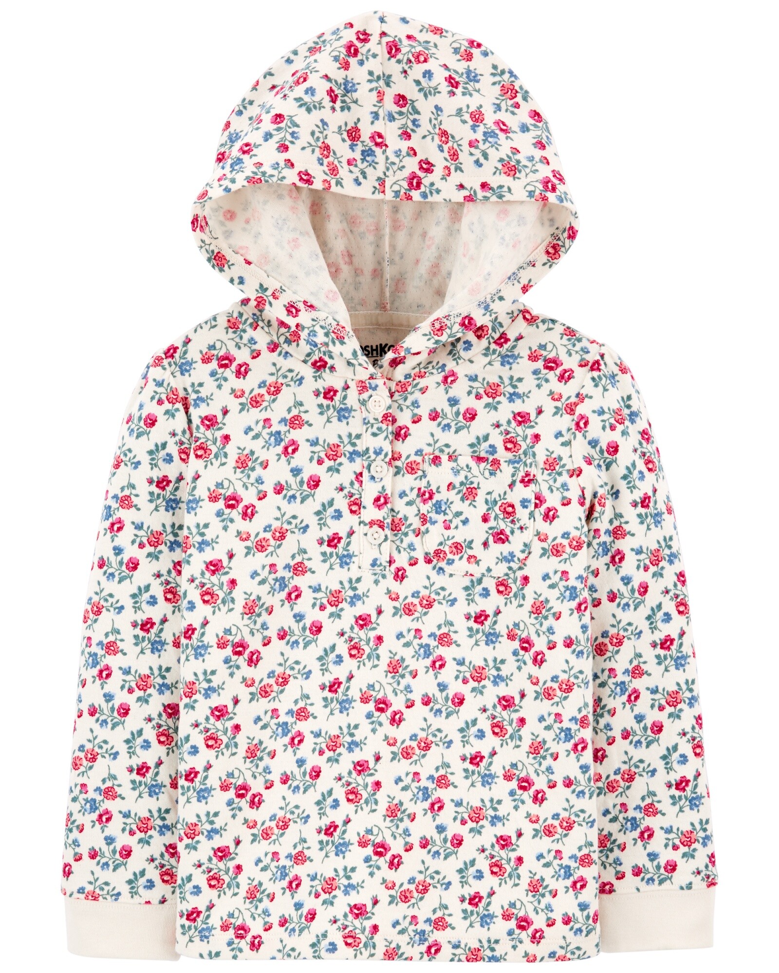Remera de algodón con capucha, manga larga y botones diseño flores Sin color