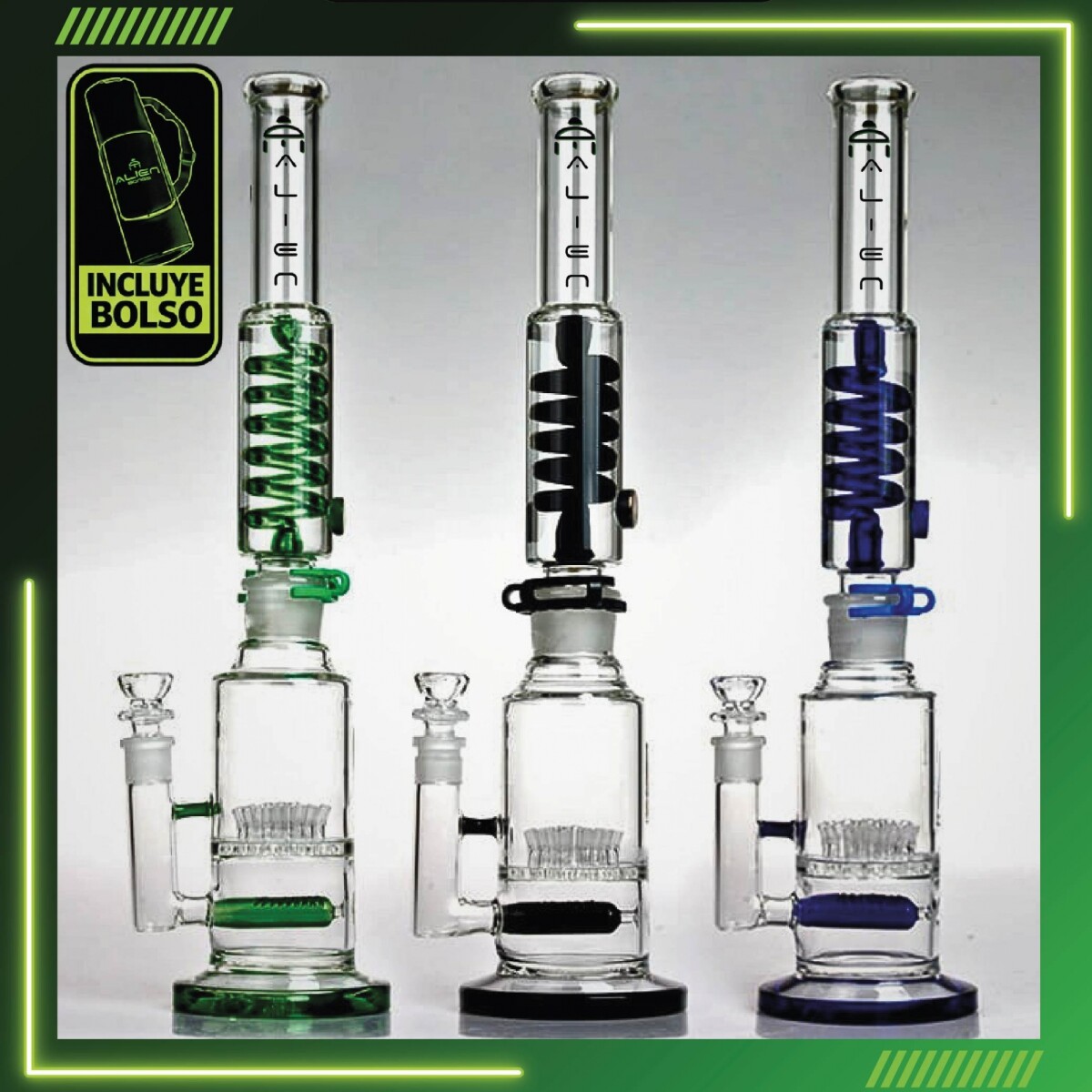 BONG ALIEN 3 PERCS RESORTE GLICERINA CONGELABLE 47CM - AL64 