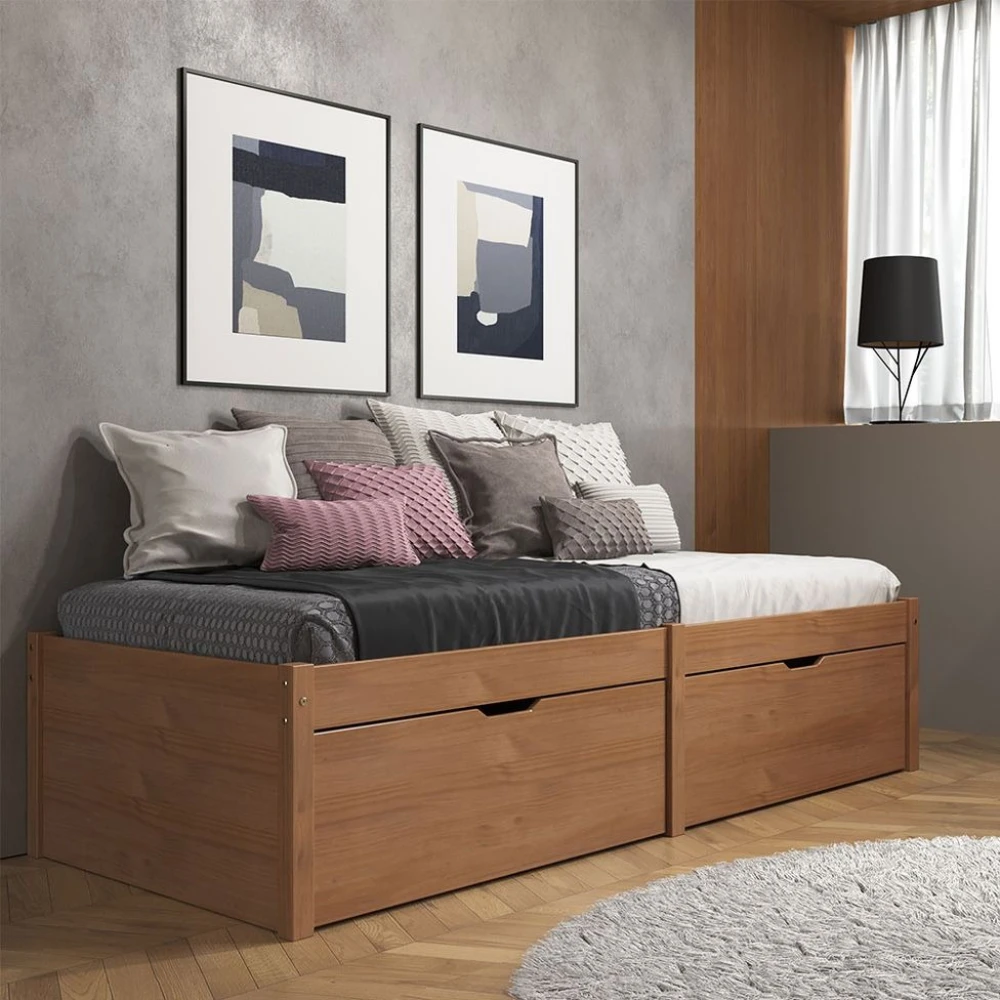 Cama Madera Maciza Con Cajones - 1 plaza - Linea beauty Marron
