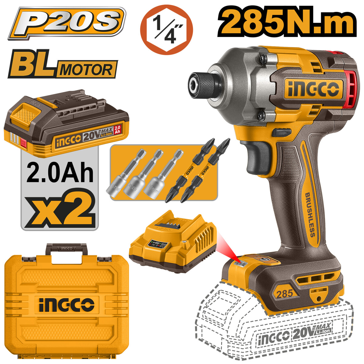 ATORNILLADOR DE IMPACTO A BATERIA 20V P20S CON 2 BAT CARG + VALIJA INGCO CIRLI20 