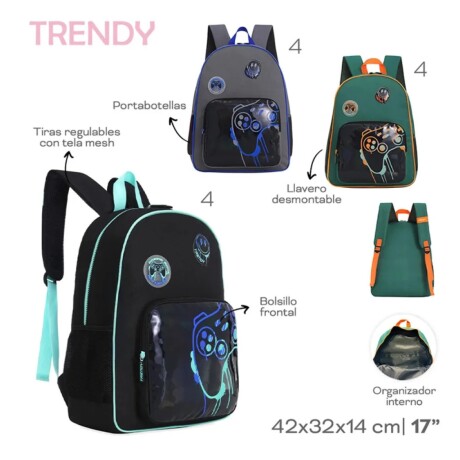 Mochila Trendy Escolar con porta botellas y llavero Gris