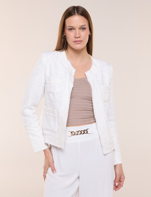 Chaqueta Bouclé Corta Con Lentejuelas BLANCO