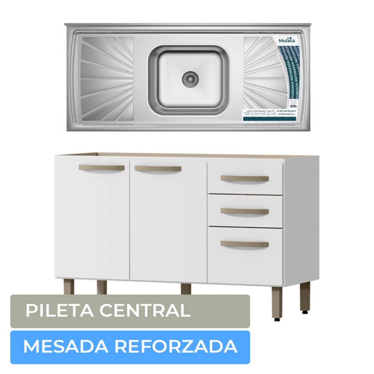 Combo de Cocina Bajo Mesada 3 Puertas 2 cajones + Pileta Reforzada con Hormigón Célular Blanco 