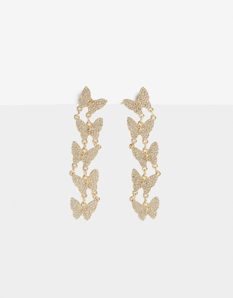 Aros Colgantes Largos Strass Aros Largos Mariposas Strass - Dorado