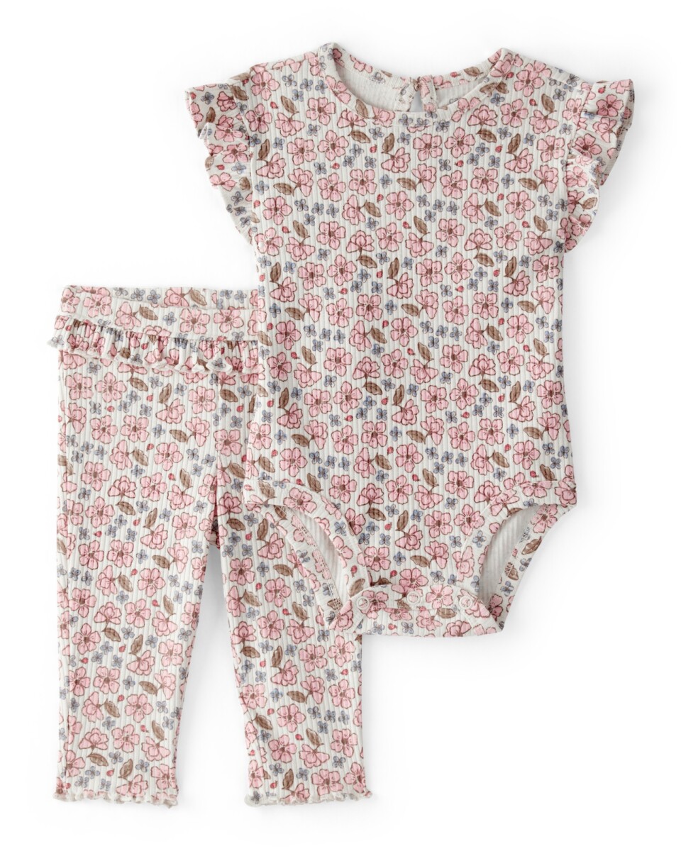Set dos piezas de algodón acanalado, pantalón y body con volados, diseño floral 
