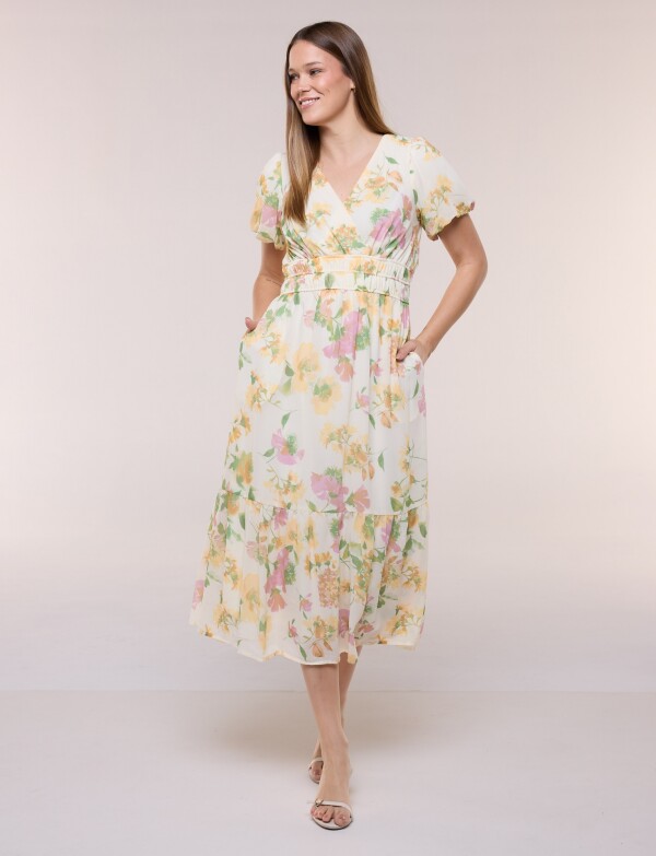 Vestido Maxi Floral Con Mangas Abullonadas AMARILLO/MULTI