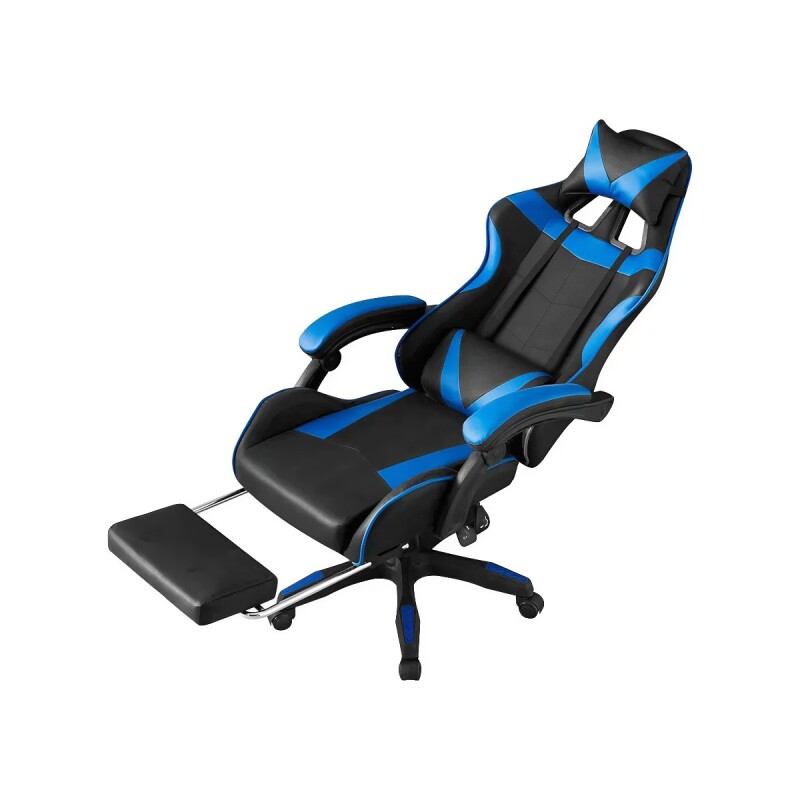 Silla gamer ergonomica reclinable con posapie azul y negro Silla gamer ergonomica reclinable con posapie azul y negro
