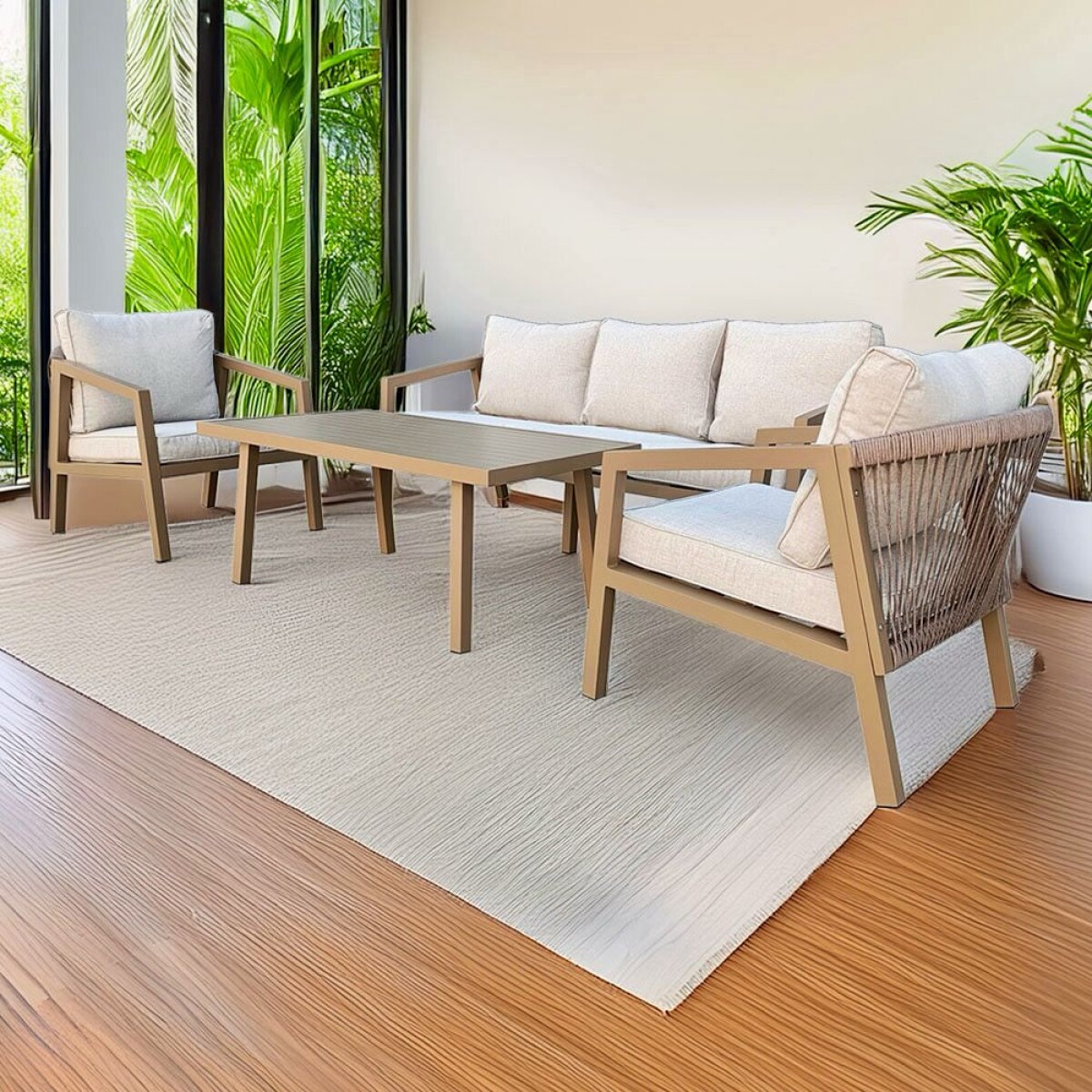 Juego de Living Exterior Aluminio – Sofá + 2 Sillones + Mesa de Centro 