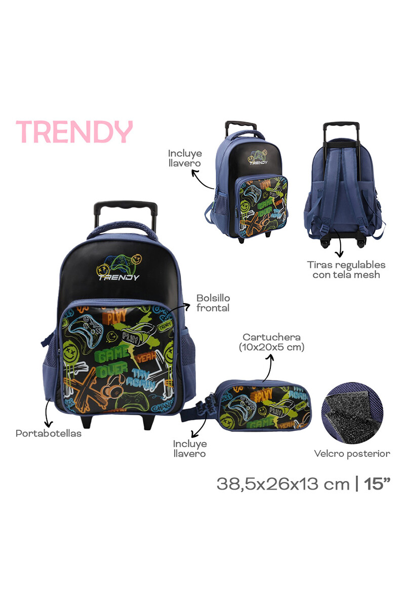 Mochila con carrito + cartuchera Trendy Azul