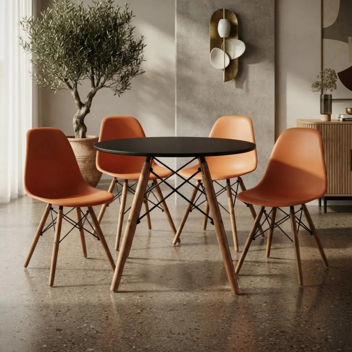 Juego de comedor Con Mesa Circular de 80cm + 4 Sillas Eames - Naranja/Negro 