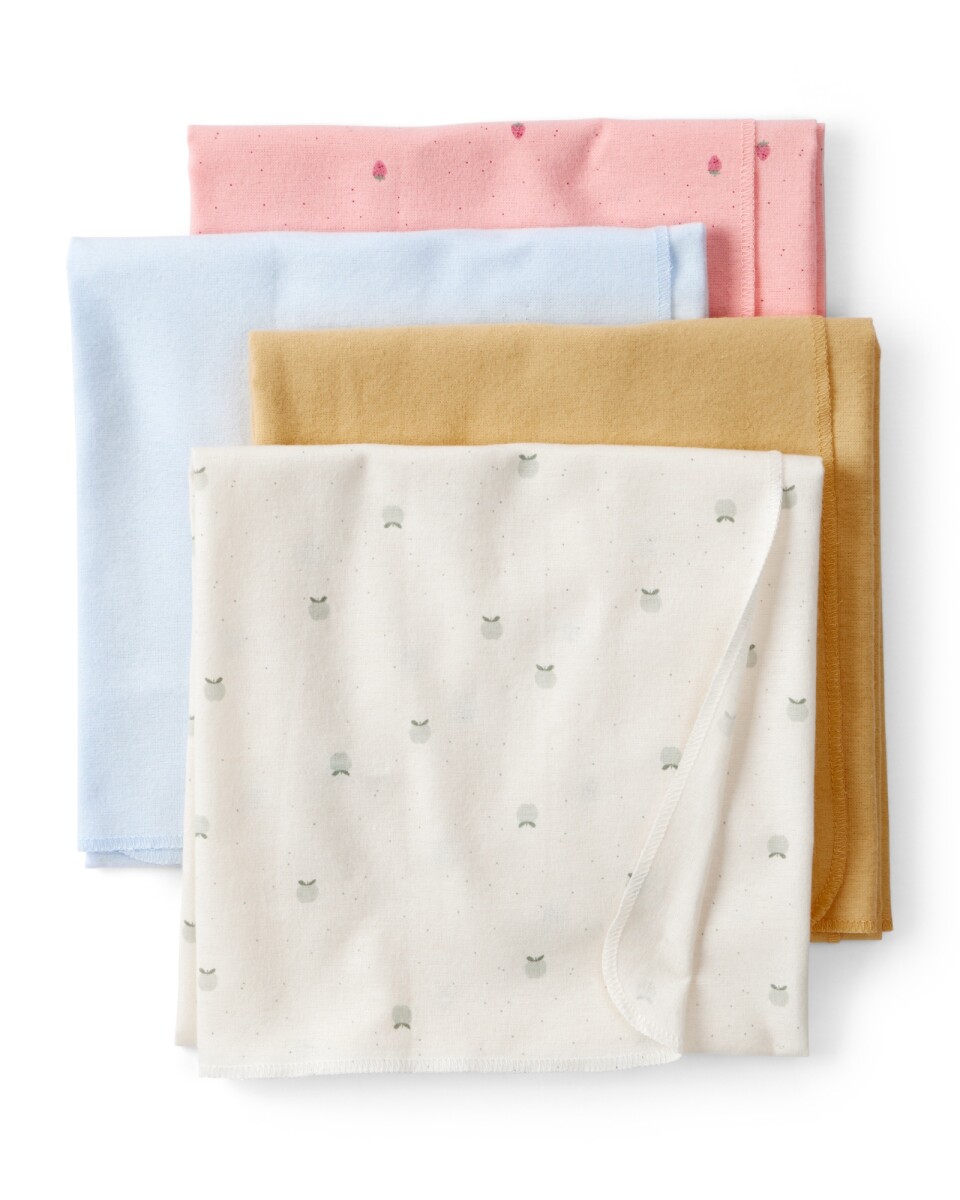 Pack cuatro mantas recibidoras de algodón, diseño frutas 