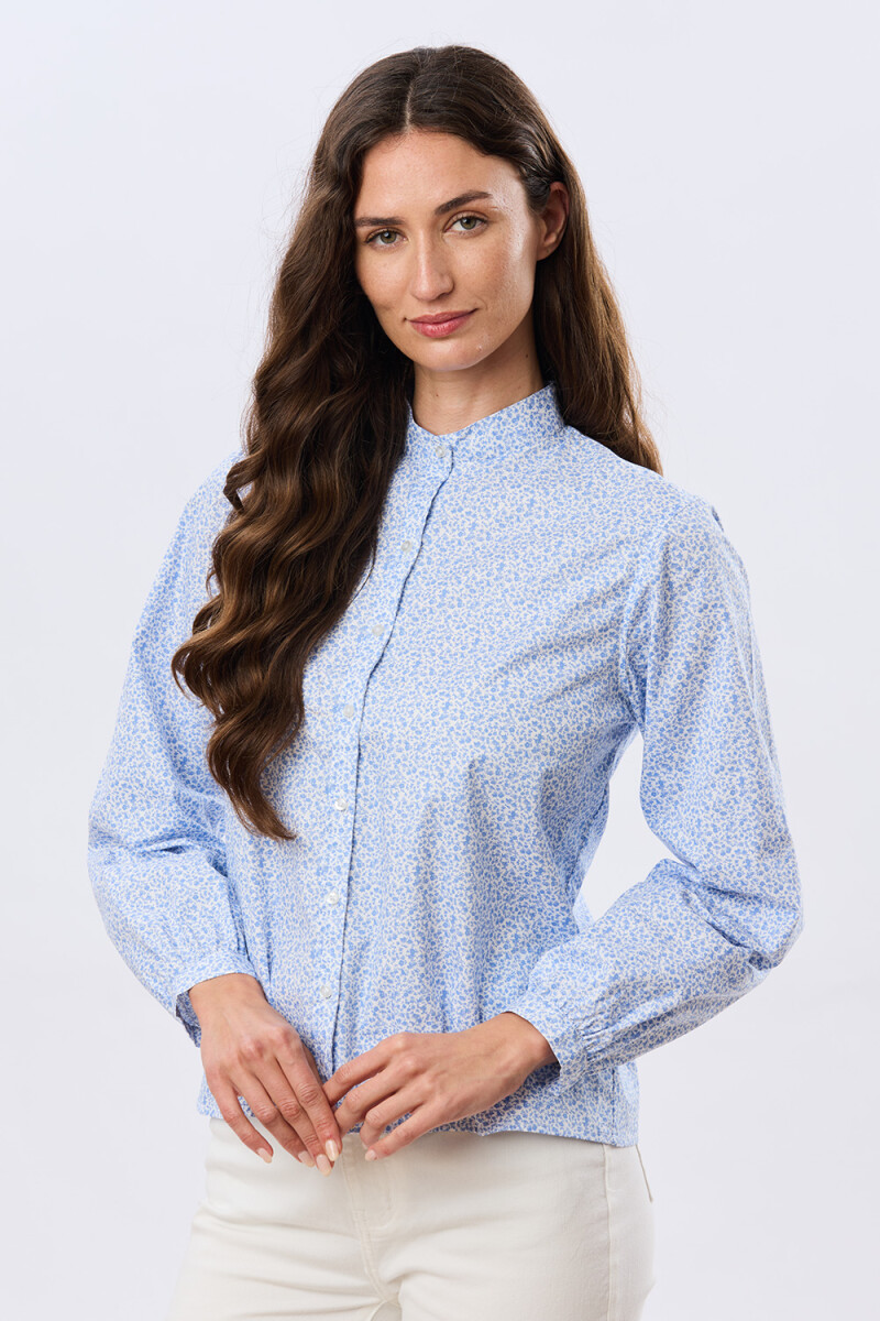 CAMISA ESTAMPADA CON FRUNCES - Celeste 