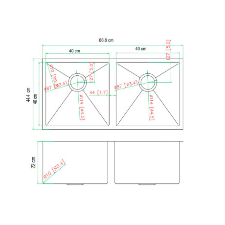 PILETA DE COCINA ACERO INOXIDABLE DOBLE 88.8X44.4X22CM BAJO MESADA INCLUYE DESAGUE Y CANASTILLA AQUALIA 000