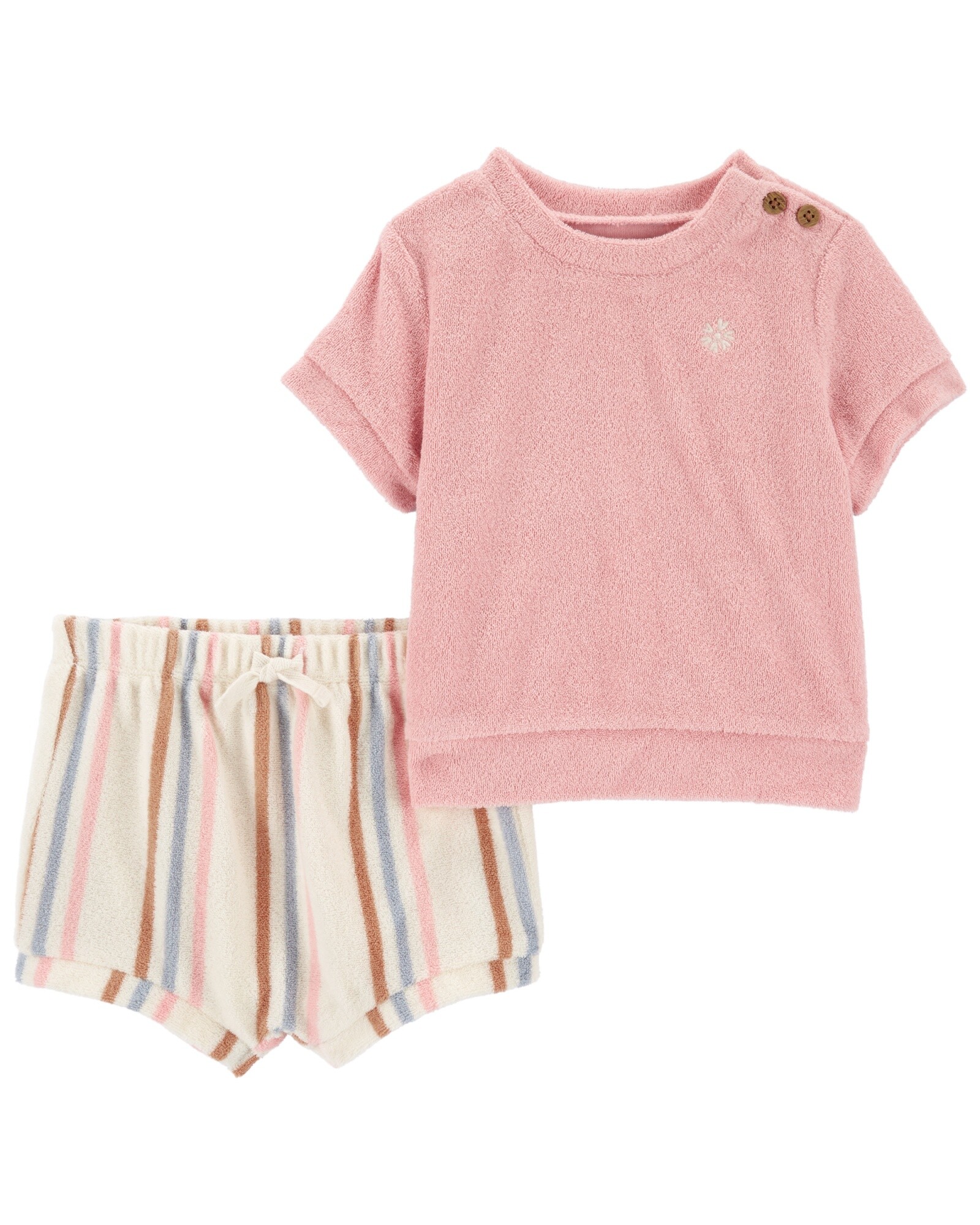 Set dos piezas de rizo, short a rayas y remera manga corta Sin color