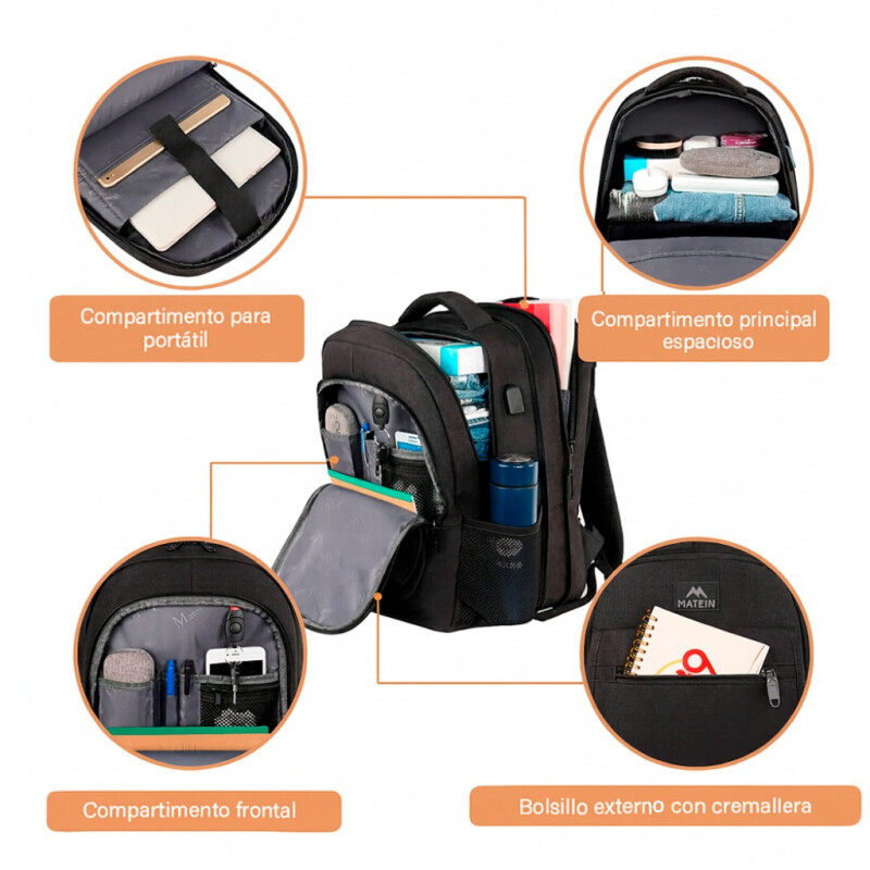 Mochila Expansible Viaje Urbana Porta Notebook Matein 1364 Negro