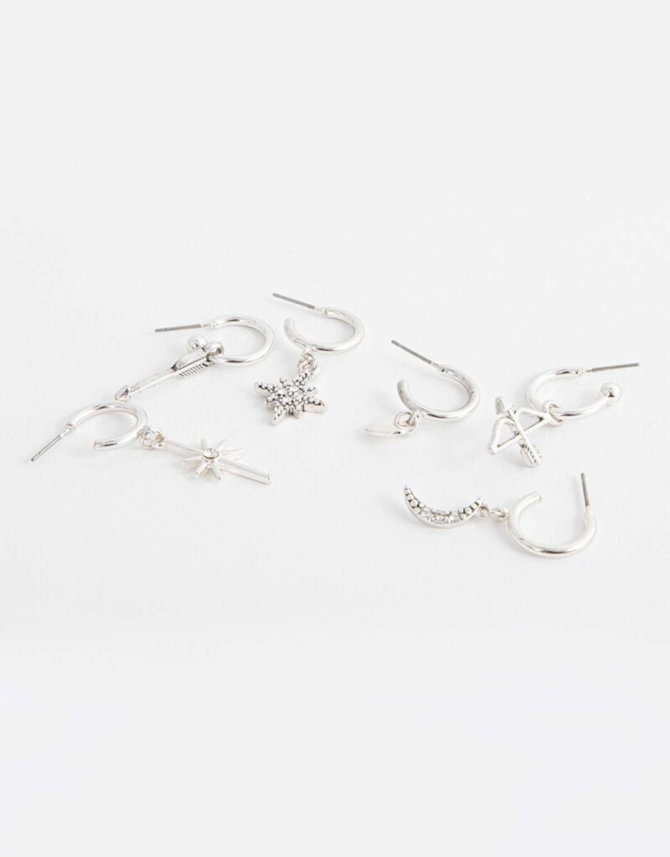 Set De Aros Argollas Bañadas En Plata - Plateado 