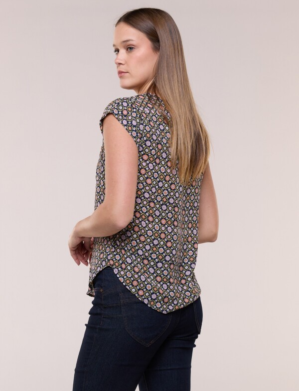 Blusa De Gasa Manga Corta Con Bolsillo Frontal MULTI/AZUL