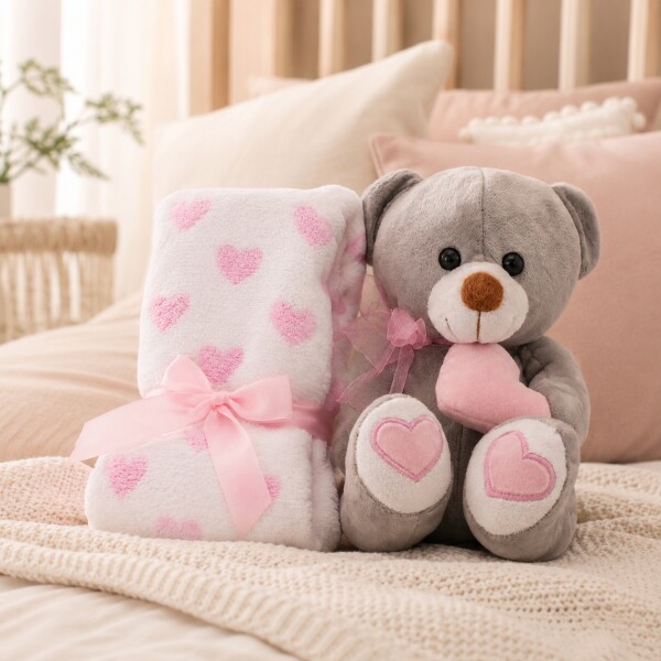 Oso De Peluche Con Manta Corazones 76x91 Cm Para Bebé Rosa 1