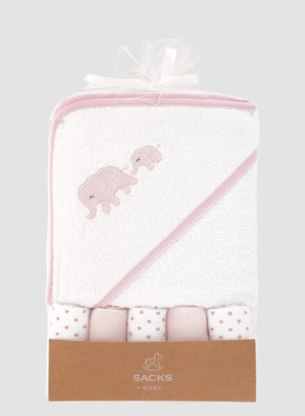 Toalla con capucha + 5 babitas bebe elefante Rosado