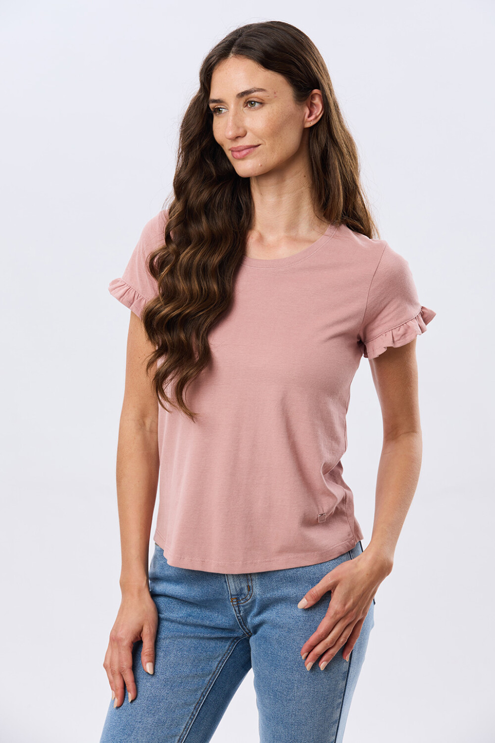 REMERA DE ALGODÓN CON VOLADO Rosado