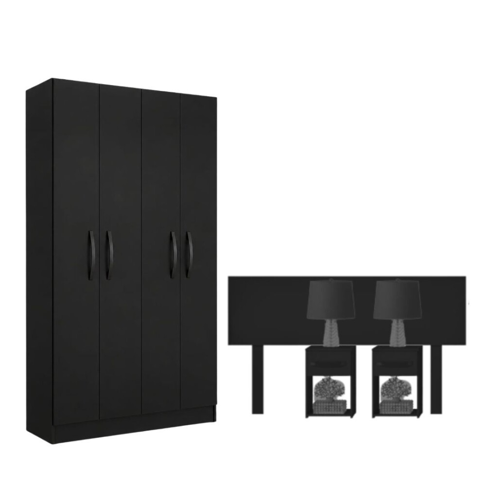 COMBO DORMITORIO – ROPERO 4 PUERTAS + RESPALDO + 2 MESAS DE LUZ NEGRO