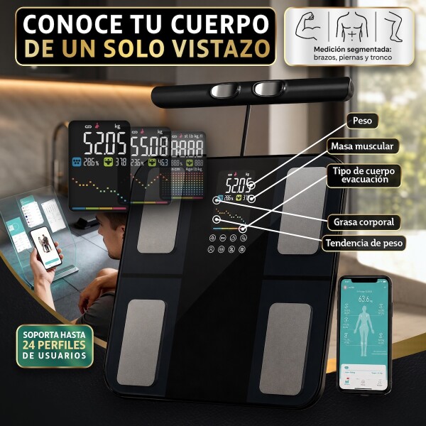 Balanza Digital Bluetooth Baño Bioimpedancia Masa Corporal 8 electrodos Pantalla Color CLEMUR Balanza Digital Bluetooth Baño Bioimpedancia Masa Corporal 8 electrodos Pantalla Color CLEMUR