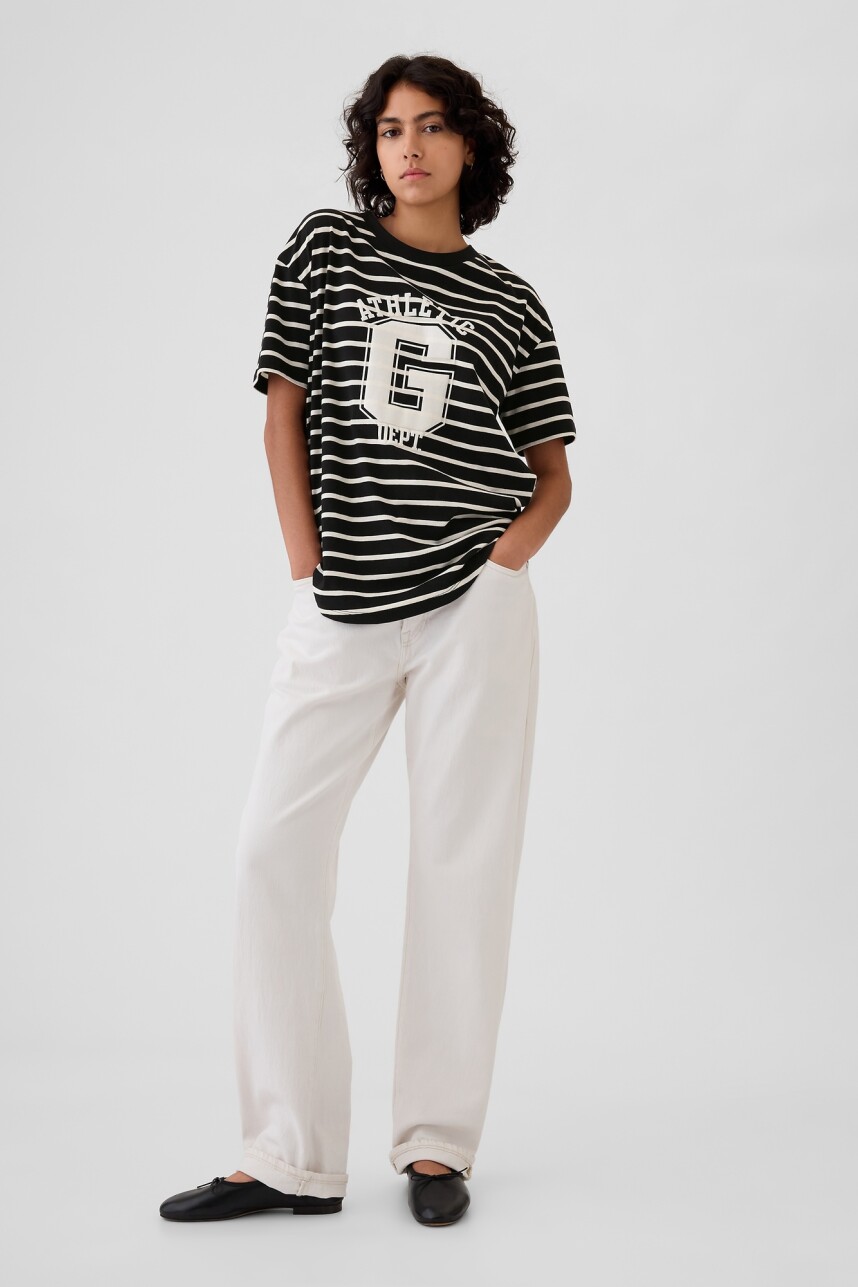 Remera Logo Gap Mujer Ivory Black Stripe