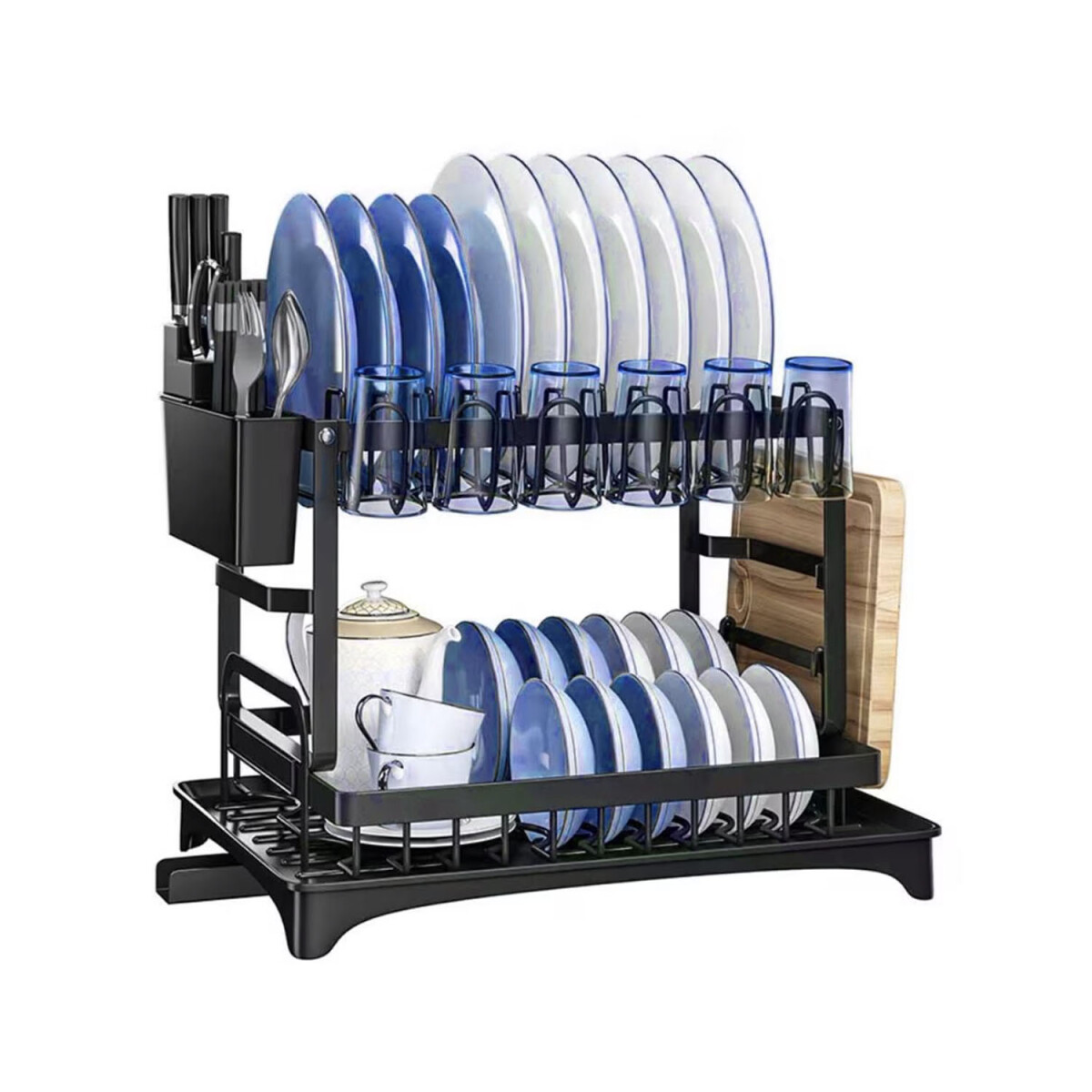 Escurridor 2 Niveles 5 en 1 Metal con Drenaje Automatico - Negro 