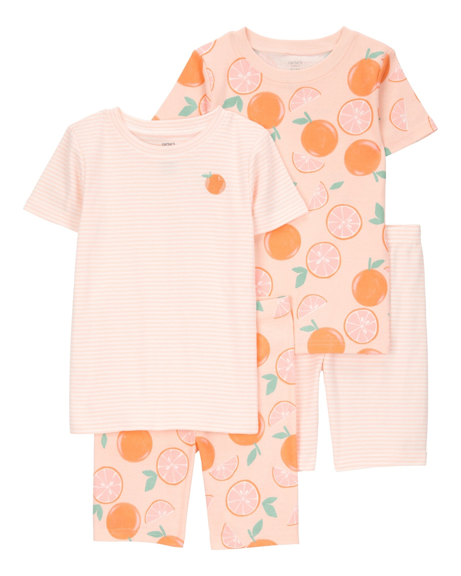 Pijama cuatro piezas de algodón, dos pantalones y dos remeras, diseño naranjas Sin color