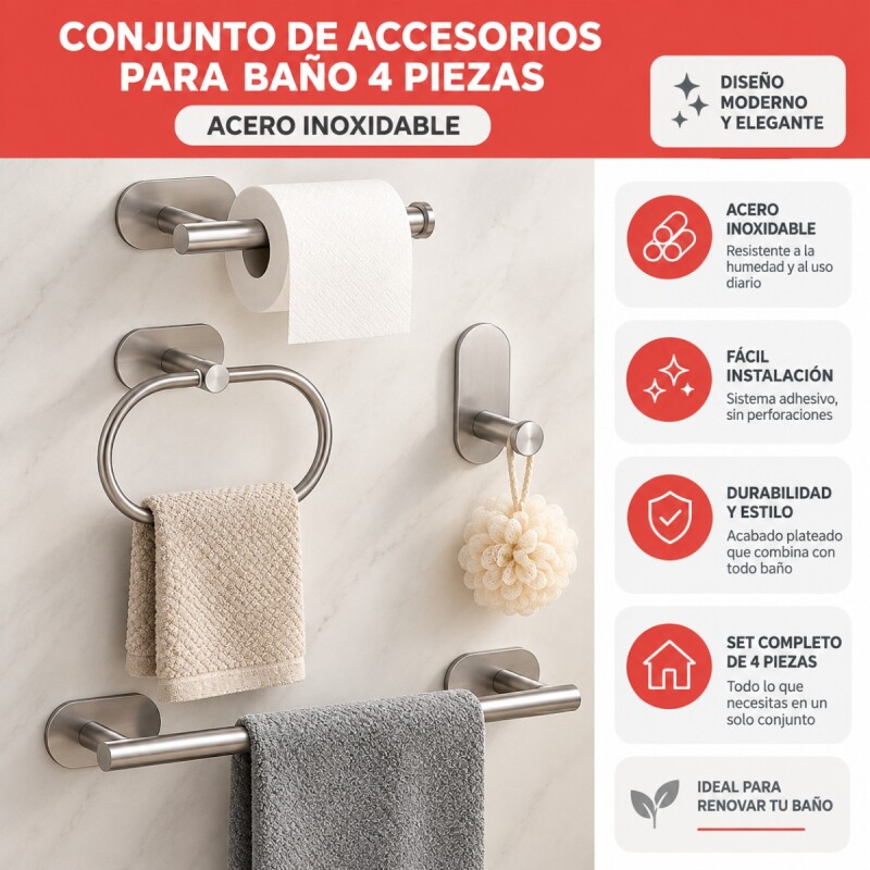 Conjunto de accesorios para baño 4 piezas adhesivas PLATEADO
