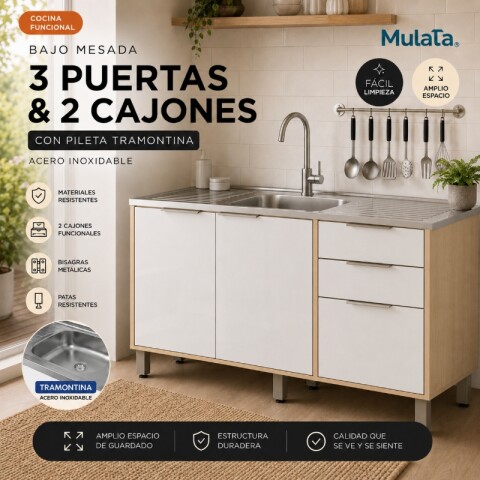 Bajo Mesada 120 cm 3 Puertas 2 Cajones Gloria MDP 15mm y Pileta Tramontina Central Bajo Mesada 120 cm 3 Puertas 2 Cajones Gloria MDP 15mm y Pileta Tramontina Central