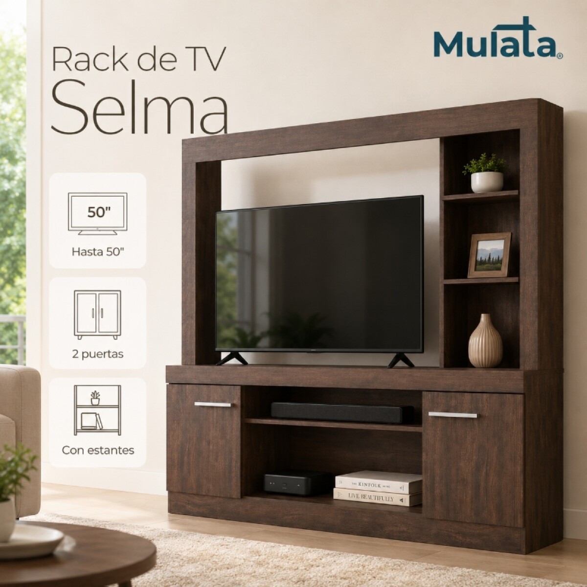Rack de TV Panelero con Estantes y 2 Puertas - Soporta Televisores de hasta 50" - Color Marrón 