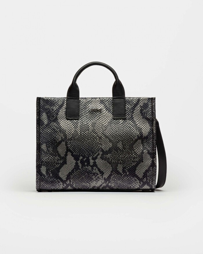 Cartera de Mano Capri En Cuero Grabado Snake Metalizado Gris