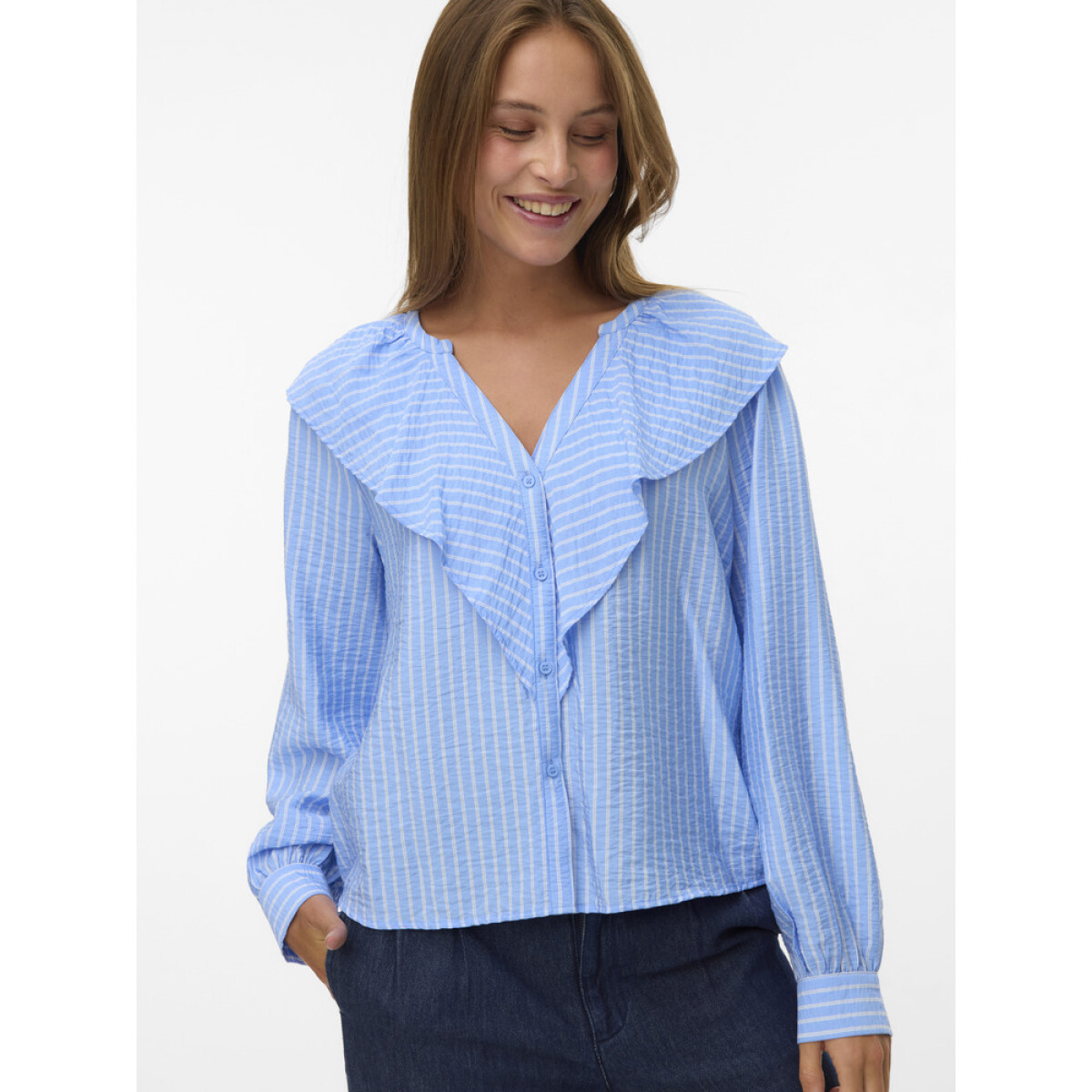 VMKAJA LS V-NECK FRILL SHIRT WVN - Vista Blue-Sandra 