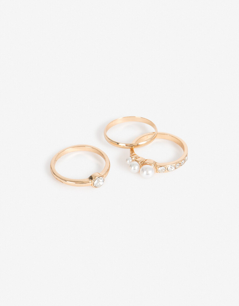 Sets Anillos Perlas Set De 3 Anillos Strass Y Perla - Dorado