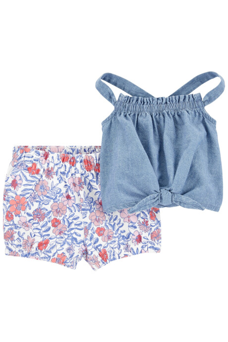 Set dos piezas short y blusa símil jean con tirantes cruzados en espalda Sin color